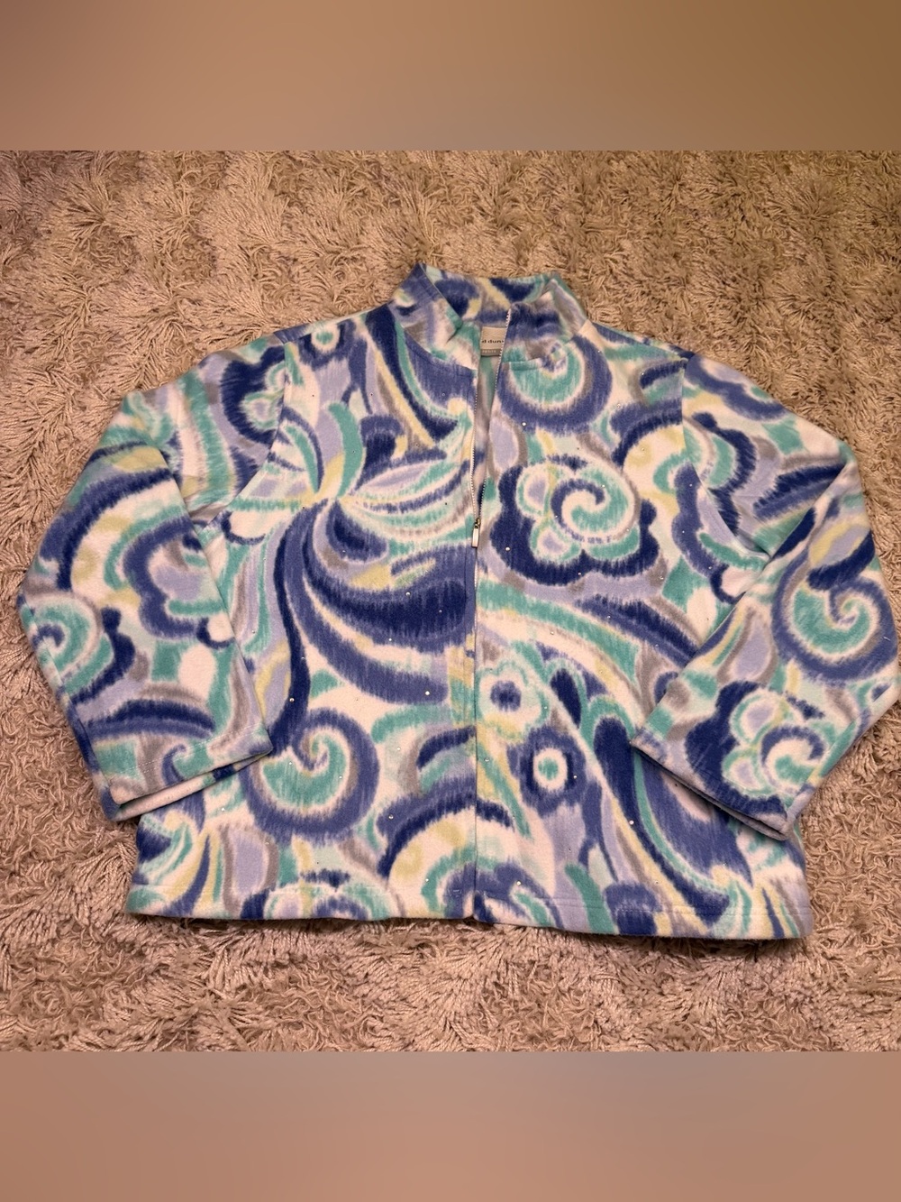Alfred Dunner Petite PM Blue Paisley Rhinestone Full Zip Fleece Jacket